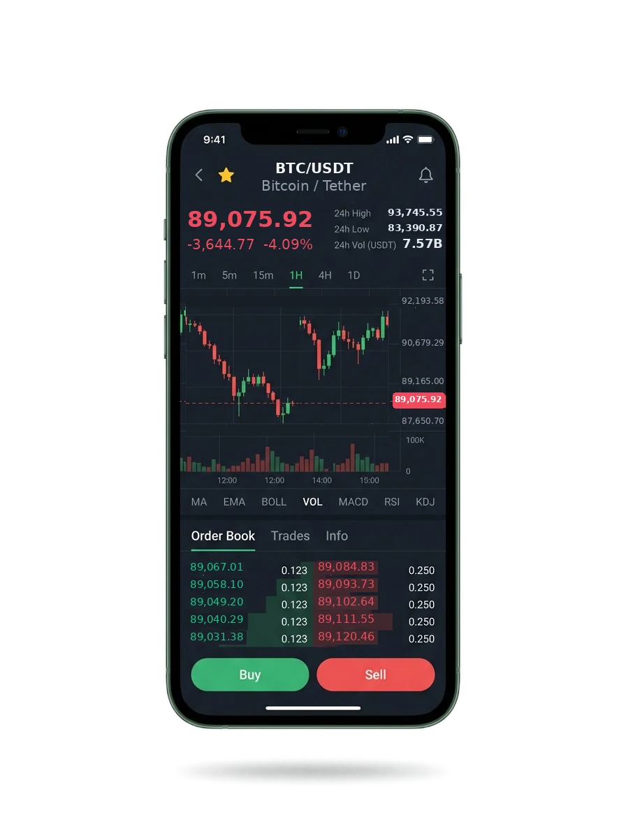 The Vexorinixia mobile app showing a watchlist, a signal card and an account balance
